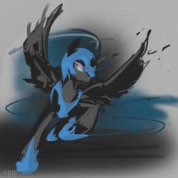 Size: 600x600 | Tagged: safe, artist:cenit-v, character:nightmare moon, character:princess luna, species:alicorn, species:pony, abstract background, action pose, female, mare, solo