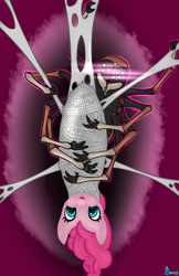 Size: 792x1224 | Tagged: safe, artist:edgarkingmaker, character:pinkie pie, oc, oc:morthax (spider), species:pony, bondage, cocoon, female, hanging, hanging upside down, male, spider, spider web, suspended, upside down