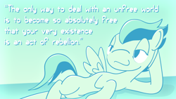 Size: 1920x1080 | Tagged: safe, artist:hackd, character:rumble, episode:marks and recreation, g4, my little pony: friendship is magic, albert camus, anarchist, camus, draw me like one of your french girls, existentialism, limited palette, lying down, male, on side, solo
