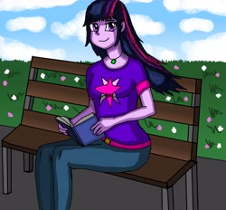 Size: 6600x6122 | Tagged: safe, artist:takrontoxicity, character:twilight sparkle, my little pony:equestria girls, absurd resolution, bench, book, clothing, cute, cutie mark on clothes, female, looking at you, pants, sitting, smiling, solo