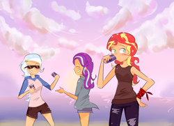 Size: 3897x2829 | Tagged: safe, artist:noahther, character:starlight glimmer, character:sunset shimmer, character:trixie, species:human, my little pony:equestria girls, blushing, clothing, cloud, counterparts, drink, female, hoodie, human coloration, humanized, jeans, pants, shirt, shorts, sky, smiling, soda, summer, sunglasses, t-shirt, tank top, trio, twilight's counterparts