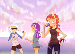 Size: 3897x2829 | Tagged: safe, artist:noahther, edit, character:starlight glimmer, character:sunset shimmer, character:trixie, species:human, blushing, clothing, cloud, counterparts, drink, hoodie, humanized, jeans, pants, shorts, sky, smiling, summer, sunglasses, super mario bros., twilight's counterparts