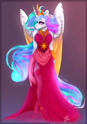 Size: 896x1280 | Tagged: safe, artist:copshop, character:princess celestia, species:alicorn, species:anthro, species:pony, species:unguligrade anthro, clothing, colored wings, crown, dress, female, jewelry, mare, multicolored wings, regalia, solo, stockings, thigh highs