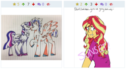 Size: 435x240 | Tagged: safe, artist:ficklepickle9421, character:flash sentry, character:sunset shimmer, character:twilight sparkle, character:twilight sparkle (alicorn), species:alicorn, species:pony, derpibooru, series:sunlightsentry weekly, ship:flashlight, boop, eyes closed, female, implied flashimmer, implied lesbian, implied shipping, implied straight, implied sunsetsparkle, juxtaposition, lined paper, male, meta, noseboop, nuzzling, shipping, straight, traditional art