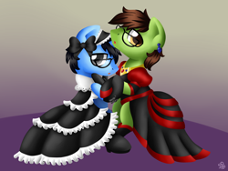 Size: 1400x1050 | Tagged: safe, artist:sabrib, oc, oc only, oc:analogue, oc:tinker doo, species:pony, bow, clothing, crossdressing, dancing, dress, ear piercing, earring, glasses, jewelry, looking at you, male, piercing, stallion
