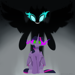 Size: 2800x2800 | Tagged: safe, artist:wynnchi, character:midnight sparkle, character:twilight sparkle, character:twilight sparkle (alicorn), species:alicorn, species:pony, my little pony:equestria girls, crying, dark magic, demonic possession, evil grin, female, grin, inner demons, magic, midnight sparkle, ponified, possessed, smiling, sombra eyes