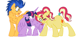 Size: 1060x560 | Tagged: safe, artist:ficklepickle9421, character:flash sentry, character:sunset shimmer, character:twilight sparkle, character:twilight sparkle (alicorn), parent:flash sentry, parent:sunset shimmer, parents:flashimmer, species:alicorn, species:pegasus, species:pony, species:unicorn, series:sunlightsentry weekly, ship:flashimmer, ship:flashlight, ship:sunsetsparkle, bisexual, blushing, chest fluff, female, flashlightshimmer, lesbian, male, nervous, offspring, one eye closed, polyamory, pregnant, shipping, simple background, straight, tail wrap, white background