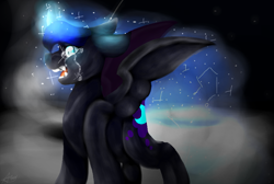Size: 1023x686 | Tagged: safe, artist:eggymy, character:nightmare moon, character:princess luna, species:alicorn, species:pony, crying, female, missing accessory, night, solo, spread wings, wings