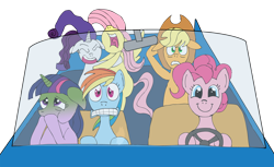 Size: 2000x1221 | Tagged: safe, artist:zefrenchm, character:applejack, character:fluttershy, character:pinkie pie, character:rainbow dash, character:rarity, character:twilight sparkle, car, carsick, driving, gritted teeth, mane six, nose in the air, scared, screaming, sick, simple background, smiling, transparent background