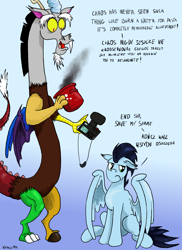 Size: 1700x2338 | Tagged: safe, artist:witkacy1994, character:discord, character:soarin', species:pony, dialogue, english, engrish, polish, sitting, text, the deluge (prose), translation