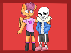 Size: 1024x767 | Tagged: safe, artist:tater, character:scootaloo, oc, oc:ponytale scootaloo, species:anthro, comic:ponytale, crossover, crossover shipping, female, male, sans (undertale), scootasans, shipping, straight, undertale