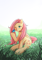 Size: 1200x1697 | Tagged: safe, artist:liny-an, character:fluttershy, species:bird, species:pegasus, species:pony, backlighting, blushing, daytime, female, folded wings, grass, grass field, hoof hold, mare, nature, one eye closed, sitting, smiling, solo, sun, wink