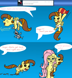 Size: 2560x2778 | Tagged: safe, artist:pampoke, character:fluttershy, oc, oc:sugar apple, parent:big macintosh, parent:fluttershy, parents:fluttermac, species:pegasus, species:pony, species:rabbit, an apple and four angels, ask, baby, baby pony, bags under eyes, colt, comic, dialogue, drool, female, flying, implied big macintosh, lidded eyes, male, messy mane, mother and son, mud, muddy, muddy hooves, offscreen character, offspring, speech bubble, tongue out, tumblr, vase