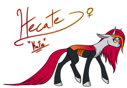 Size: 900x630 | Tagged: safe, artist:pampoke, oc, oc only, oc:hacate, parent:lord tirek, parent:queen chrysalis, parents:chrystirek, cloven hooves, female, floppy ears, horns, hybrid, interspecies offspring, long ears, offspring, simple background, solo, transparent background
