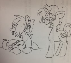 Size: 640x572 | Tagged: safe, artist:zee-stitch, character:scootaloo, character:snails, species:pegasus, species:pony, species:unicorn, ..., female, glasses, honk, male, monochrome, prone, question mark, shipping, snailoo, straight