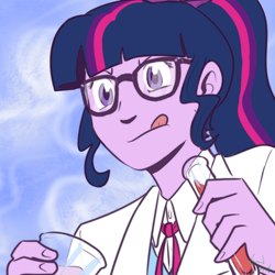 Size: 900x900 | Tagged: safe, artist:funakounasoul, character:twilight sparkle, character:twilight sparkle (scitwi), species:eqg human, my little pony:equestria girls, beaker, clothing, female, glasses, icon, lab coat, ponytail, science, solo, test tube, tongue out