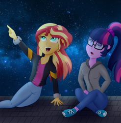 Size: 1812x1832 | Tagged: safe, artist:xethshade, character:sunset shimmer, character:twilight sparkle, character:twilight sparkle (scitwi), species:eqg human, my little pony:equestria girls, clothing, female, glasses, night, pants, ponytail, shirt, shoes, smiling, sneakers