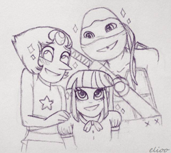 Size: 640x573 | Tagged: safe, artist:elioo, character:twilight sparkle, my little pony:equestria girls, crossover, donatello, pearl (steven universe), pencil drawing, sparkles, steven universe, teenage mutant ninja turtles, tmnt 2012, traditional art