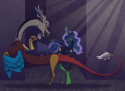 Size: 900x656 | Tagged: safe, artist:pampoke, character:discord, character:princess luna, ship:lunacord, crepuscular rays, female, hybrid wings, male, shipping, story included, straight