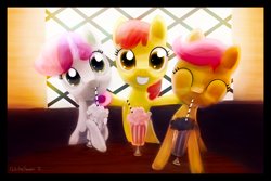 Size: 3800x2541 | Tagged: safe, artist:porkchopsammie, character:apple bloom, character:scootaloo, character:sweetie belle, species:earth pony, species:pegasus, species:pony, species:unicorn, backlighting, cutie mark crusaders, female, filly, milkshake, table, window