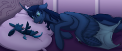 Size: 1279x533 | Tagged: safe, artist:pampoke, character:princess luna, oc, oc:prince noctus, parent:discord, parent:princess luna, parents:lunacord, species:draconequus, baby, bed, bed mane, draconequus oc, female, hybrid, hybrid wings, interspecies offspring, lying down, male, mother and son, newborn, offspring, wing claws