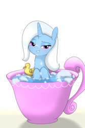 Size: 1500x2250 | Tagged: safe, artist:fotasy, character:trixie, species:pony, species:unicorn, bath, bedroom eyes, blushing, cup, cute, female, looking at you, mare, rubber duck, smiling, soap bubble, solo, teacup, that pony sure does love teacups, we don't normally wear clothes