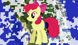 Size: 1440x838 | Tagged: safe, artist:glamourkat, artist:theunknown644, character:apple bloom, species:earth pony, species:pony, 3d, crossover, female, filly, game screencap, minecraft, minecraft pixel art, pixel art, solo