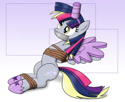 Size: 1400x1150 | Tagged: safe, artist:nivek15, character:derpy hooves, species:alicorn, species:pegasus, species:pony, alicorn costume, arm behind back, bondage, bound and gagged, clothing, cosplay, costume, fake horn, fake wings, female, gag, mare, nightmare night costume, rope, rope bondage, solo, tape gag, tied up, toilet paper roll, toilet paper roll horn, twilight muffins, twilight sparkle costume, wig