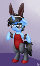 Size: 850x1380 | Tagged: safe, artist:sabrib, oc, oc:tinker doo, species:pony, species:unicorn, blushing, bunny ears, bunny suit, clothing, crossdressing, cuffs (clothes), glasses, male, semi-anthro, solo, standing