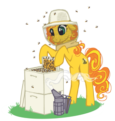 Size: 763x800 | Tagged: dead source, safe, artist:dimespin, character:bumblesweet, character:honeybuzz, species:earth pony, species:pony, bee, bee box, beehive, beekeeper, female, honeycomb (structure), mare, smiling, smoke, solo