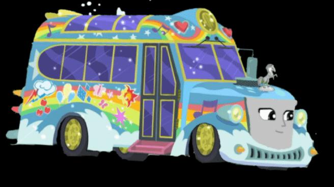 Size: 656x368 | Tagged: safe, artist:dwayneflyer, artist:sodorsiren productions, my little pony:equestria girls, animated, bouncing, bus, crossover, dancing, face, gif, journey beyond sodor, simple background, style emulation, thomas the tank engine, tour bus