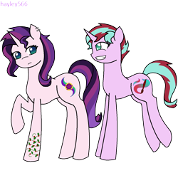Size: 1280x1280 | Tagged: safe, artist:hayley566, oc, oc only, oc:daylight gleam, oc:evening glitter, parent:starlight glimmer, parent:sunset shimmer, parents:shimmerglimmer, species:pony, species:unicorn, icey-verse, ear piercing, earring, female, jewelry, magical lesbian spawn, mare, offspring, piercing, signature, simple background, sister, smiling, tattoo, transparent background