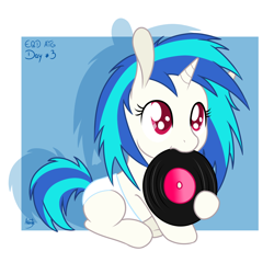 Size: 1500x1500 | Tagged: safe, artist:akashasi, character:dj pon-3, character:vinyl scratch, species:pony, cute, dawwww, female, filly, nom, record, solo, younger