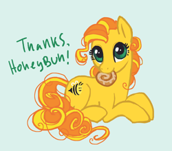Size: 500x439 | Tagged: safe, artist:dimespin, character:bumblesweet, character:honeybuzz, species:earth pony, species:pony, cute, eating, female, looking at you, mare, nom, prone, simple background, smiling, solo, white background