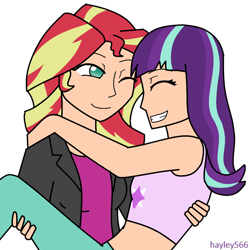 Size: 1280x1280 | Tagged: safe, artist:hayley566, character:starlight glimmer, character:sunset shimmer, species:human, ship:shimmerglimmer, bridal carry, clothing, cute, eyes closed, female, glimmerbetes, hug, humanized, lesbian, midriff, one eye closed, shimmerbetes, shipping, simple background, tank top, transparent background, wink