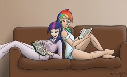 Size: 1108x670 | Tagged: safe, artist:gonzahermeg, character:rainbow dash, character:twilight sparkle, species:human, ship:twidash, back to back, book, couch, ear piercing, earring, female, humanized, jewelry, lesbian, piercing, reading, shipping
