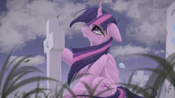 Size: 1920x1080 | Tagged: safe, artist:fluttersheeeee, character:twilight sparkle, character:twilight sparkle (alicorn), species:alicorn, species:pony, balloon, cross, crying, cutie mark, female, gravestone, immortality blues, implied death, implied pinkie pie, implied rarity, implied starlight glimmer, looking up, mare, sitting, solo, twilight will outlive her friends