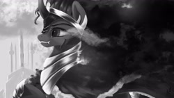 Size: 1920x1080 | Tagged: safe, artist:fluttersheeeee, character:king sombra, species:pony, species:unicorn, cape, clothing, crystal palace, fangs, grayscale, jewelry, male, monochrome, profile, regalia, shadow, solo, stallion