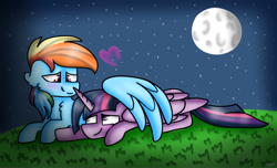 Size: 1024x621 | Tagged: safe, artist:tater, character:rainbow dash, character:twilight sparkle, character:twilight sparkle (alicorn), species:alicorn, species:pegasus, species:pony, ship:twidash, female, heart, hug, lesbian, moon, night, shipping, winghug