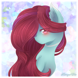 Size: 2076x2076 | Tagged: safe, artist:shimayaeiko, oc, oc only, oc:aveline, species:earth pony, species:pony, abstract background, blushing, bust, chest fluff, ear fluff, eye clipping through hair, female, hair over one eye, mare, simple background, solo