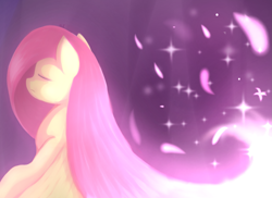 Size: 1515x1101 | Tagged: safe, artist:whiskyice, character:fluttershy, species:pegasus, species:pony, eyes closed, feather, female, mare, solo, sparkles
