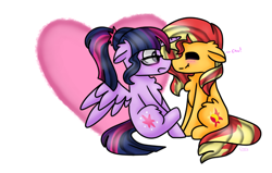 Size: 1024x652 | Tagged: safe, artist:tater, character:sunset shimmer, character:twilight sparkle, character:twilight sparkle (alicorn), character:twilight sparkle (scitwi), species:alicorn, species:pony, ship:scitwishimmer, ship:sunsetsparkle, boop, equestria girls ponified, eyes closed, female, heart, lesbian, noseboop, ponified, scitwilicorn, shipping, simple background