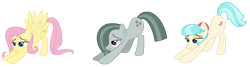 Size: 2000x537 | Tagged: safe, artist:adog0718, artist:luckysmores, character:coco pommel, character:fluttershy, character:marble pie, ass up, exploitable meme, high res, iwtcird, meme, nose wrinkle, scrunchy face, simple background, stretching, the council of shy ponies, transparent background, trio, vector