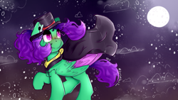 Size: 1024x576 | Tagged: safe, artist:yunieelloa, oc, oc:lugaluz, species:pegasus, species:pony, cloak, clothing, female, hat, mare, night, solo, two toned wings