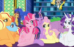 Size: 2507x1615 | Tagged: safe, artist:tejedora, character:applejack, character:discord, character:fluttershy, character:pinkie pie, character:princess luna, character:rainbow dash, character:rarity, character:spike, character:sunset shimmer, character:twilight sparkle, character:twilight sparkle (alicorn), parent:princess luna, parent:twilight sparkle, parents:twiluna, species:alicorn, species:pony, ship:appledash, ship:discoshy, ship:sparity, ship:sunsetsparkle, ship:twiluna, alternate hairstyle, crying, cuddling, eyes closed, female, lesbian, lesbian in front of boys, lunashimmerlight, magical lesbian spawn, male, mane seven, mane six, offspring, one eye closed, pregnant, rainbow power, shipping, straight, tears of joy