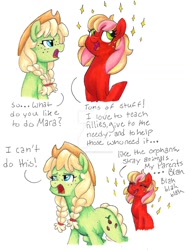 Size: 1024x1382 | Tagged: safe, artist:pitterpaint, oc, oc:maraschino cherry, oc:seed seeker (syd), parent:applejack, parent:big macintosh, parent:caramel, parent:cheerilee, parents:carajack, parents:cheerimac, species:earth pony, species:pony, clothing, cousins, cowboy hat, female, freckles, hat, mare, offspring, sparkles, stetson, traditional art, watermark