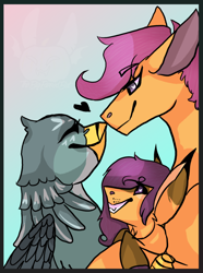 Size: 936x1255 | Tagged: safe, artist:thebigearredbat, character:gabby, character:scootaloo, oc, parent:gabby, parent:scootaloo, parents:gabbyloo, species:griffon, species:pony, eyes closed, female, gabbyloo, heart, interspecies offspring, lesbian, magical lesbian spawn, mare, offspring, shipping, smiling