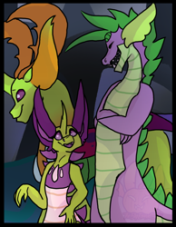Size: 1698x2184 | Tagged: safe, artist:thebigearredbat, character:spike, character:thorax, oc, parent:spike, parent:thorax, parents:thoraxspike, species:changeling, species:reformed changeling, ship:thoraxspike, dragonling, gay, hybrid, interspecies offspring, magical gay spawn, male, offspring, shipping