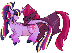Size: 2192x1635 | Tagged: safe, artist:thebigearredbat, character:fizzlepop berrytwist, character:tempest shadow, character:twilight sparkle, character:twilight sparkle (alicorn), species:alicorn, species:classical unicorn, species:pony, species:unicorn, ship:tempestlight, my little pony: the movie (2017), broken horn, cloven hooves, female, leonine tail, lesbian, shipping, simple background, transparent background, unshorn fetlocks