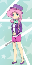 Size: 974x1943 | Tagged: safe, artist:php54, character:fluttershy, species:human, episode:fake it 'til you make it, 2018, alternate hairstyle, bandana, clothing, female, fluttershy day, hat, hipster, hipstershy, humanized, shorts, solo, starry backdrop, top hat